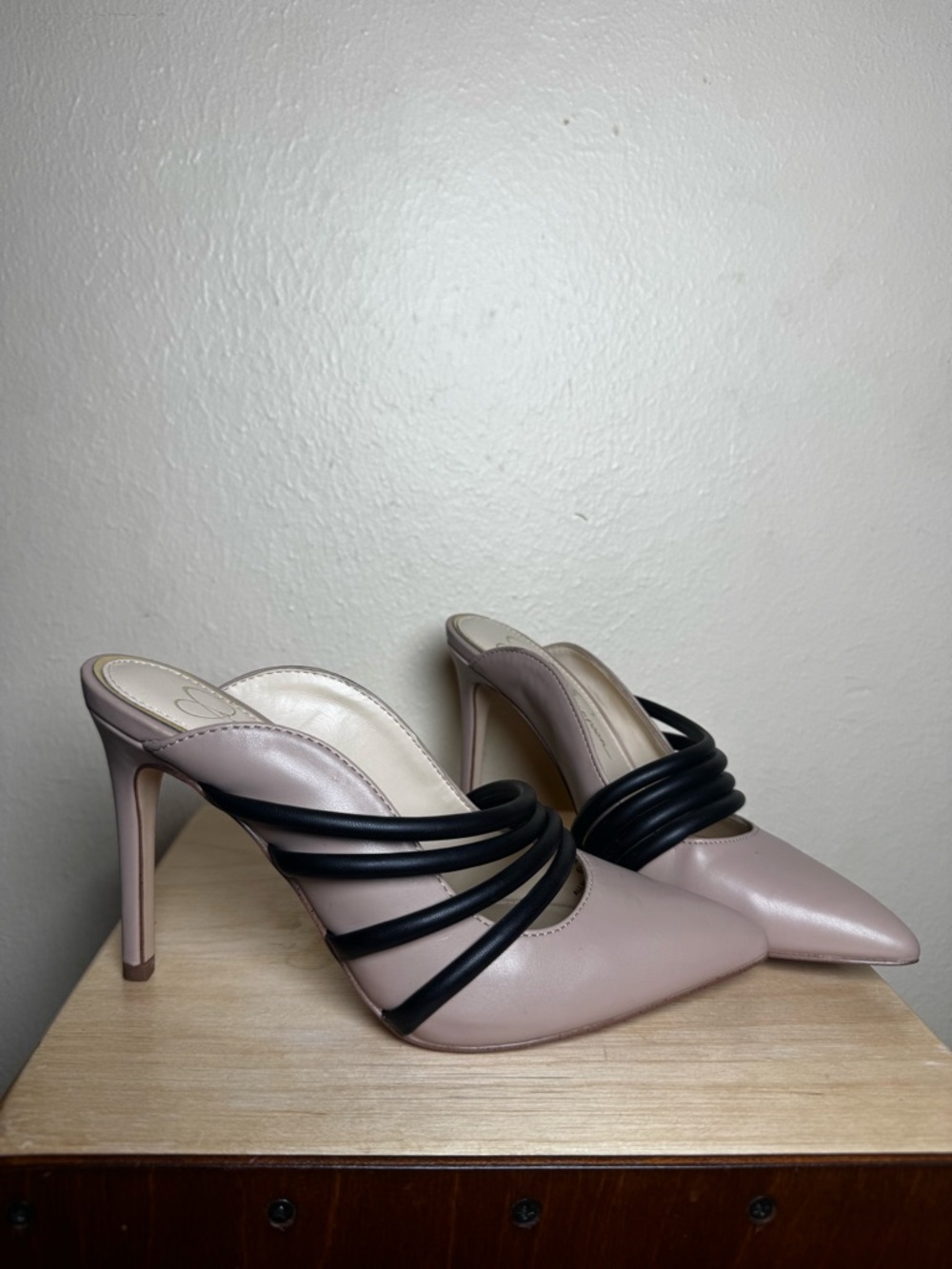 Jessica Simpson Pointed Toe Mule Heels in Nude with Black Straps